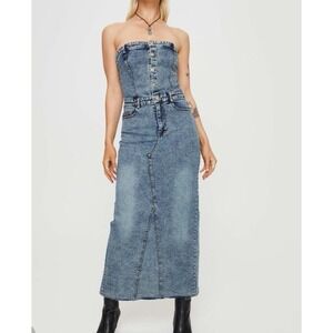 Princess Polly Strapless Denim Maxi Dress Size 2 Stretch Western Festival Event